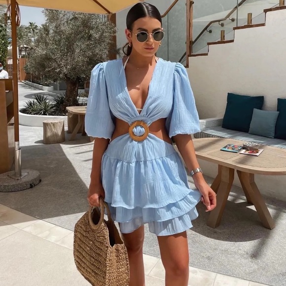 Blue Cut Out Ruffle Hem Dress - Picture 1 of 5